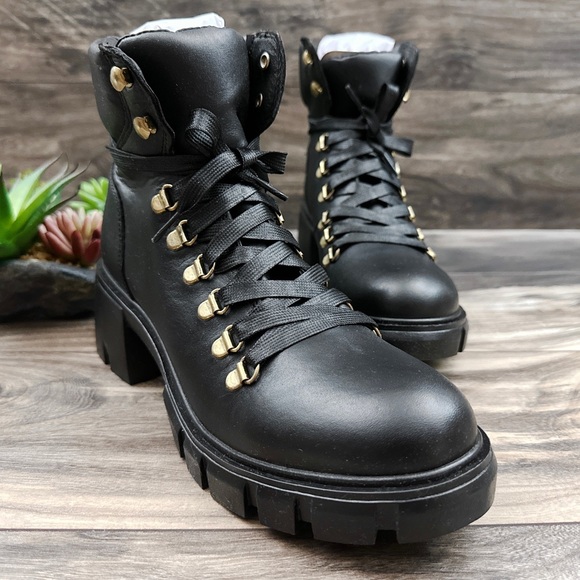 NIB Steve Madden Hint Chunky Lug Sole Black Leather Hiker Combat Boots 8M - Picture 6 of 12